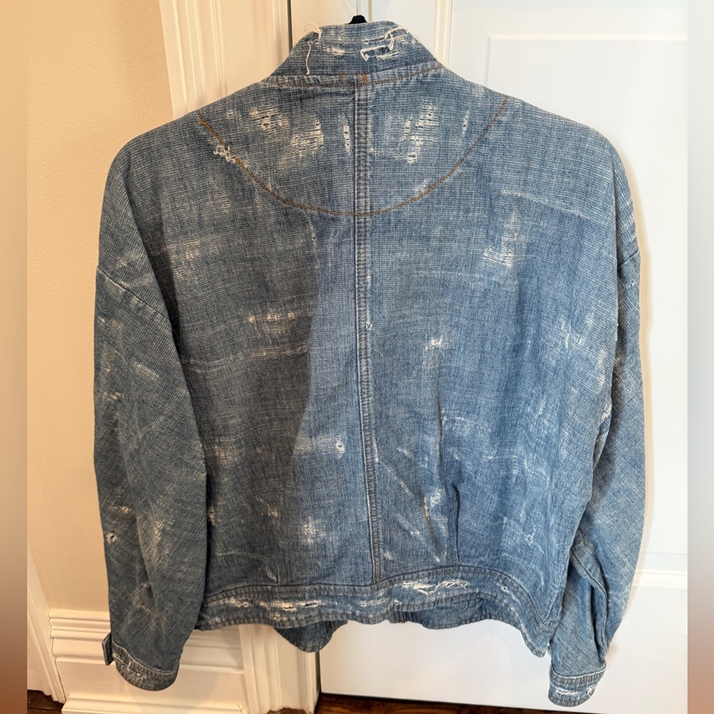 Free People Washed Blue Distressed Denim Jacket - Picture 3 of 5